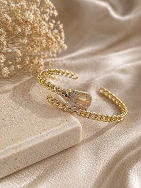 Gold Chain Link Cuff Bracelet with Pave Lock Accent 18k over copper